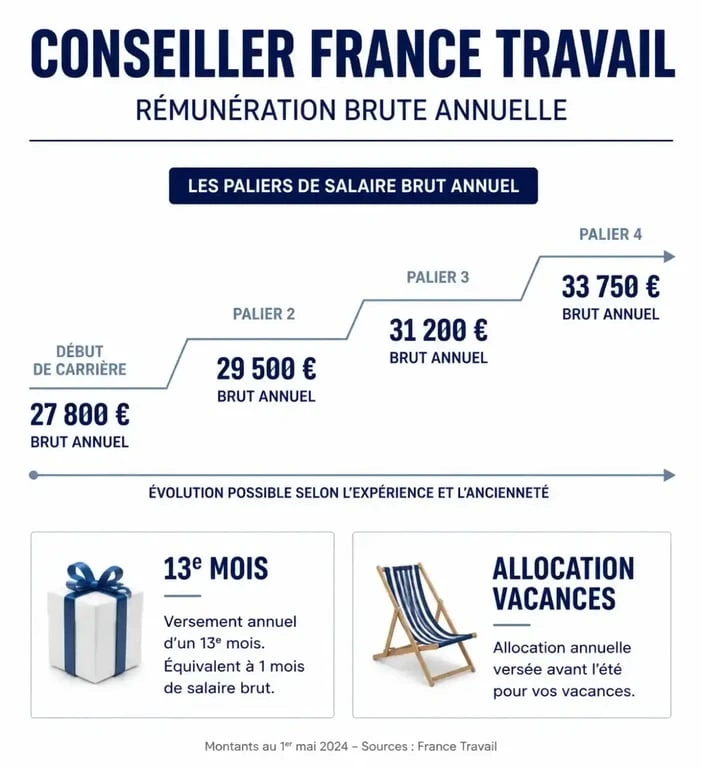 Infographie sur la rémunération et les avantages d'un conseiller France Travail