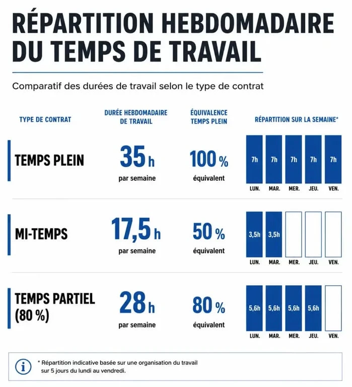 Comparaison visuelle des durées de travail : temps plein, mi-temps et temps partiel pour comprendre combien d'heures pour un mi-temps.