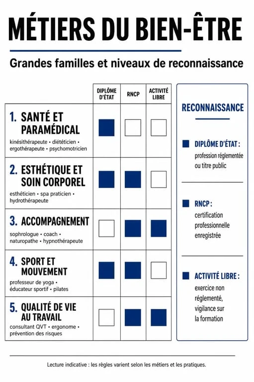 Métier bien être : infographie comparative des familles de métiers, des statuts réglementés et des activités libres