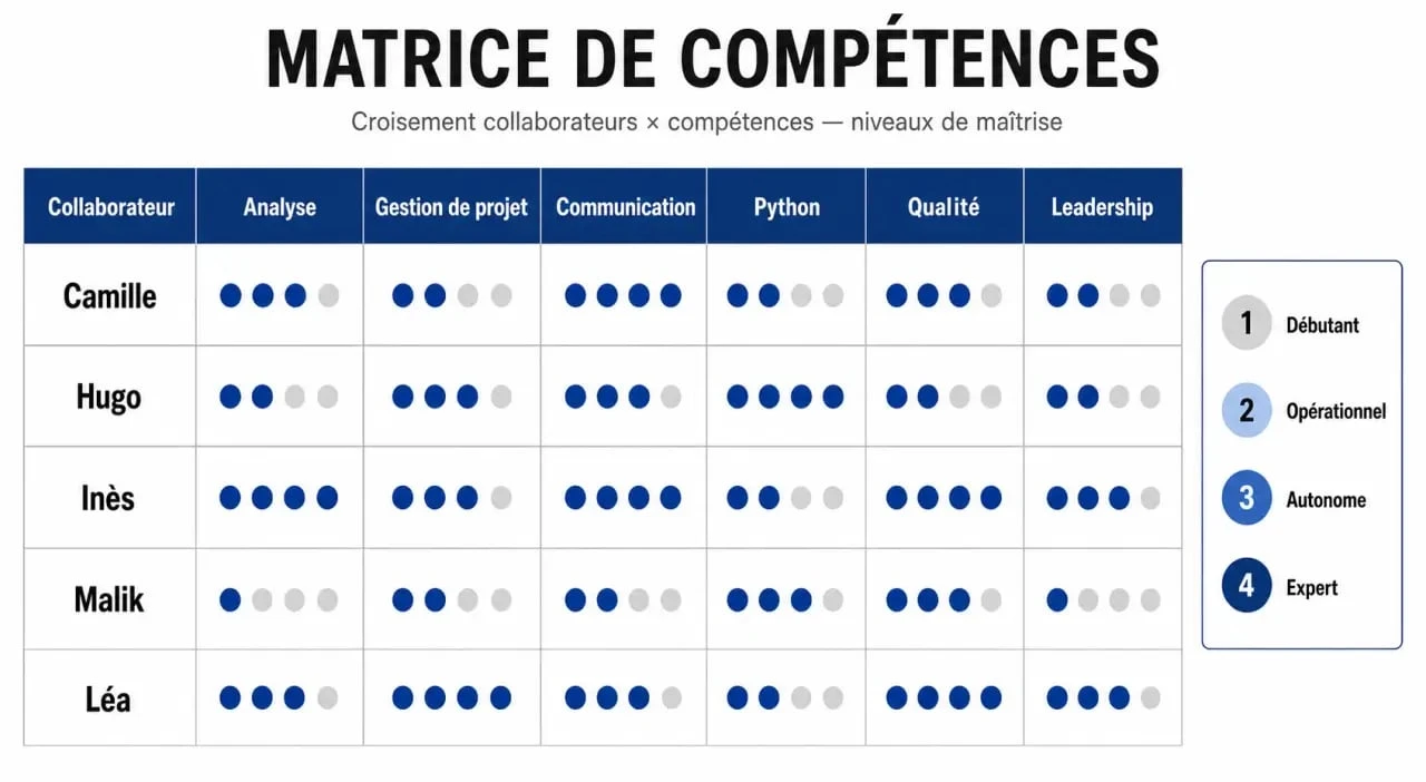 Exemple de structure d'une matrice de compétences pour le suivi des talents