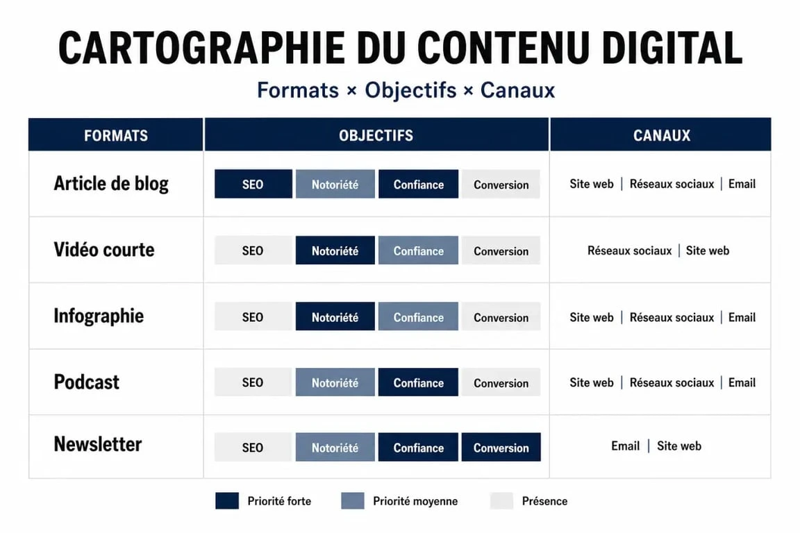 Création de contenu digital : tableau visuel des formats selon l’objectif, le canal et l’effort