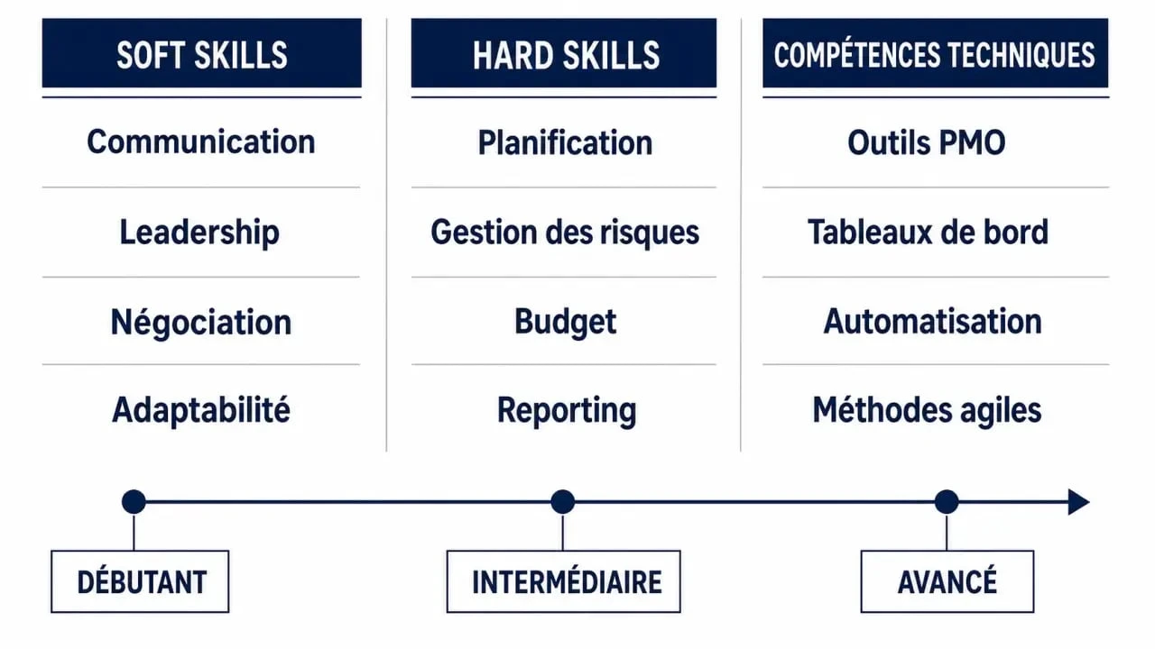 Compétences gestion de projet : schéma comparatif des soft skills, hard skills et compétences techniques avec progression débutant à avancé