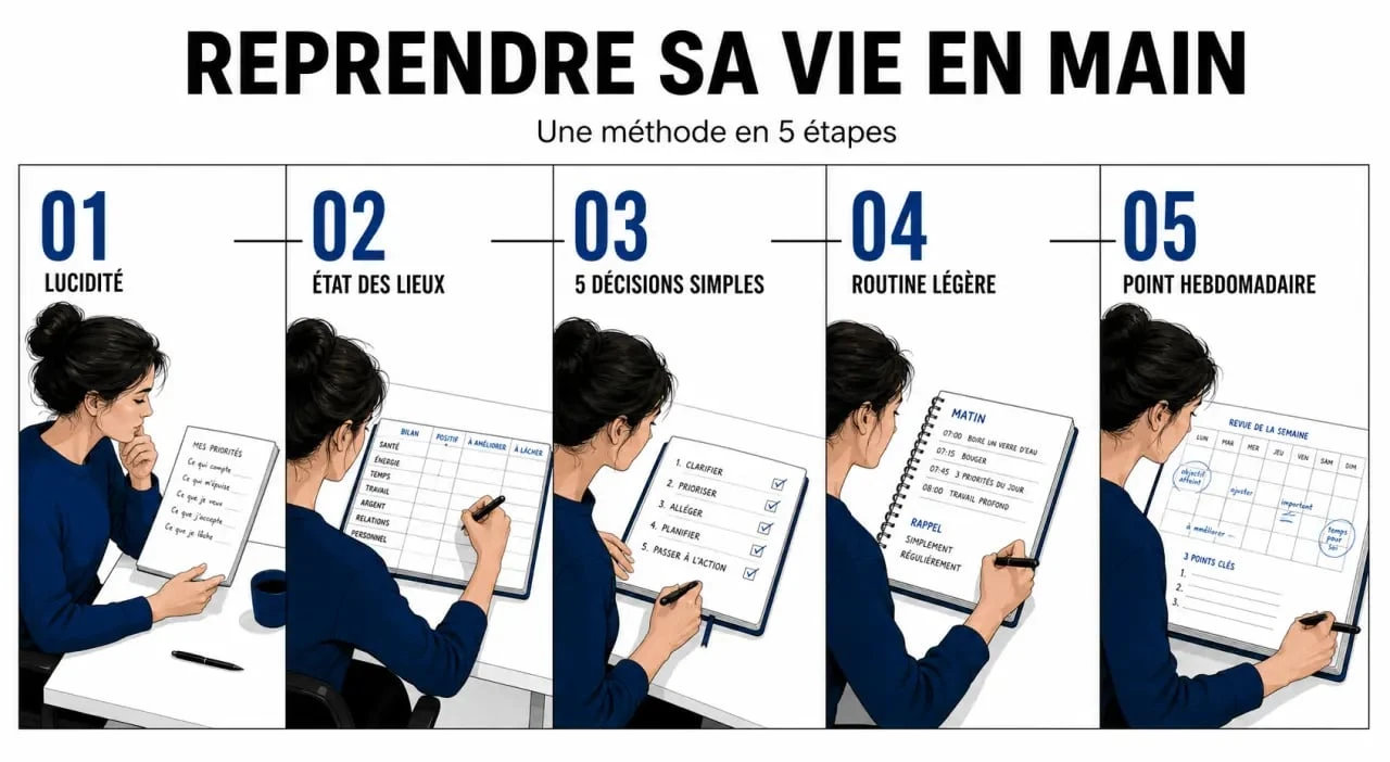 Reprendre sa vie en main avec une méthode en 5 étapes illustrée sur un bureau