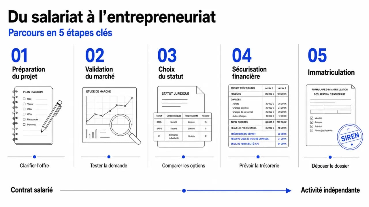Se reconvertir en entrepreneur : les étapes pour lancer son activité, frise visuelle de transition du salariat à la création