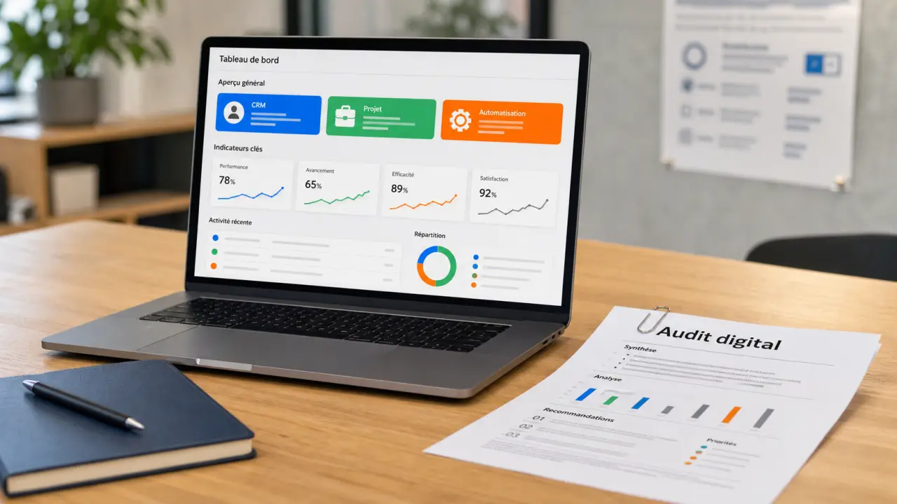 Outil digital pour PME : audit digital sur laptop et dashboard