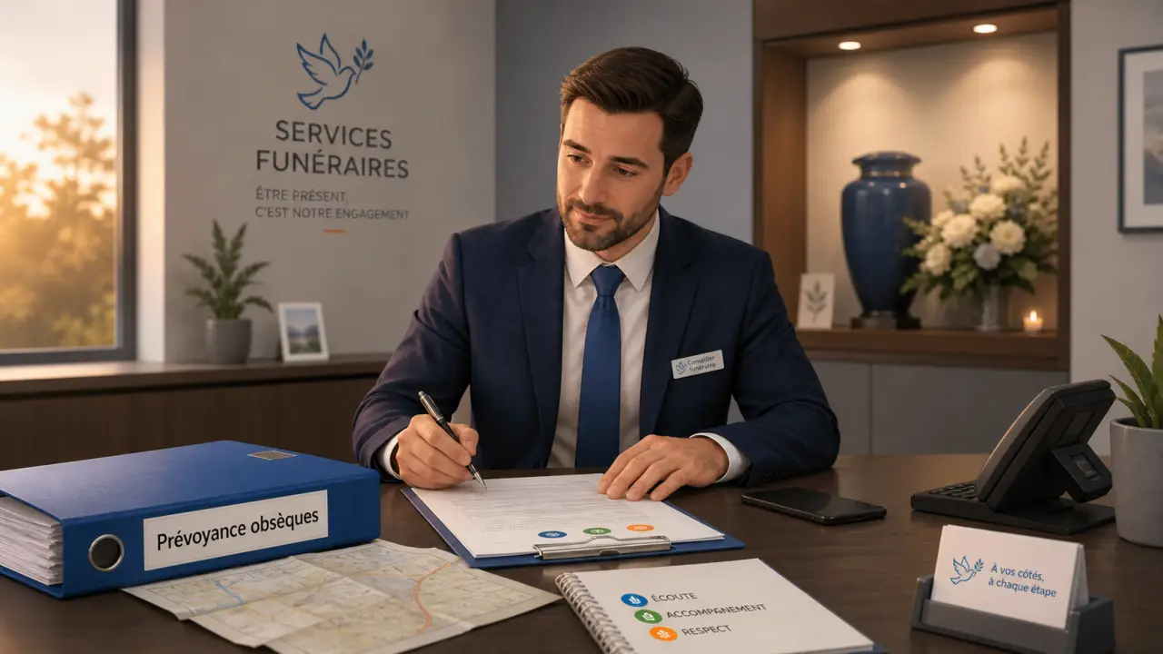 Salaire conseiller funéraire en agence : conseiller au bureau avec dossier