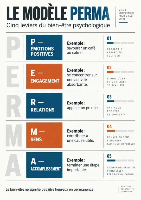 Infographie de psychologie positive présentant les cinq piliers du modèle PERMA