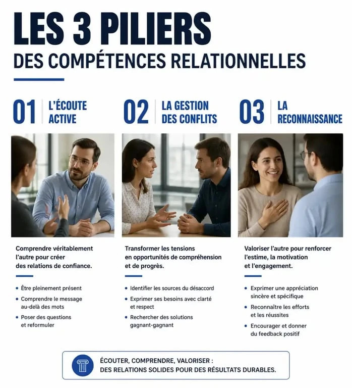 Infographie des piliers des compétences relationnelles en milieu professionnel