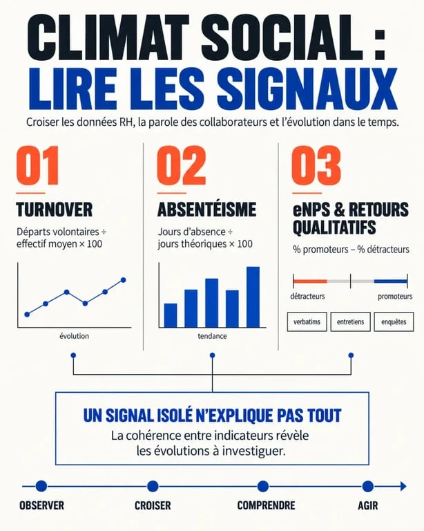 Infographie sur le climat sociale et les trois indicateurs RH à surveiller