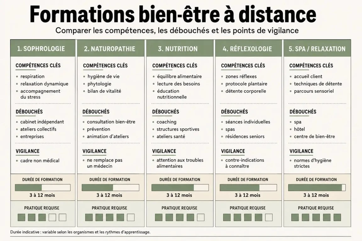 Comparaison des métiers de la formation à distance bien-être, avec compétences, débouchés et points de vigilance