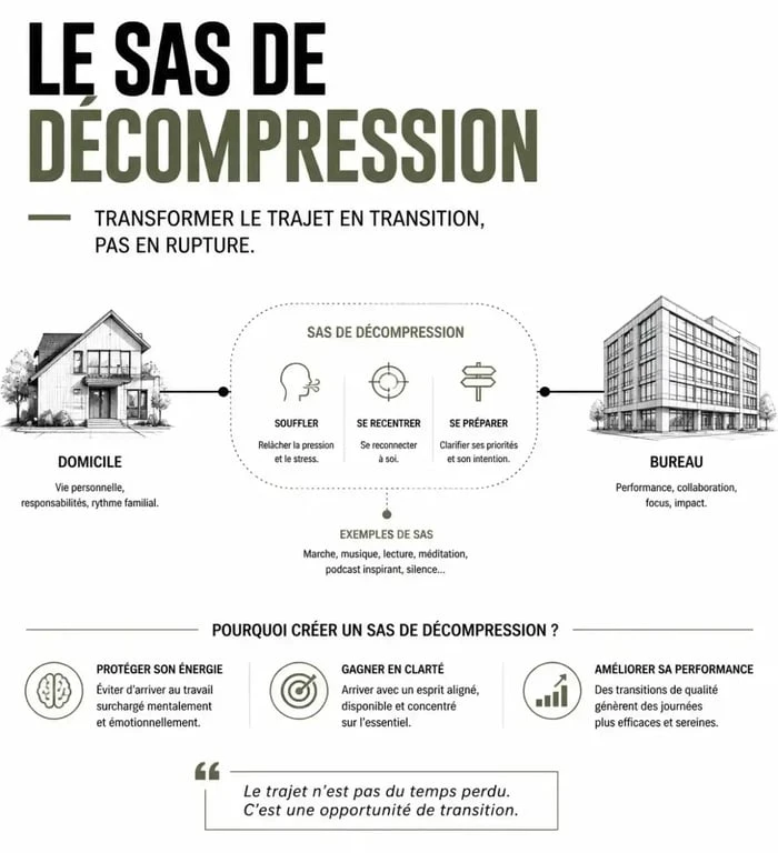 Infographie illustrant la transition mentale du trajet domicile travail pour une meilleure performance professionnelle.