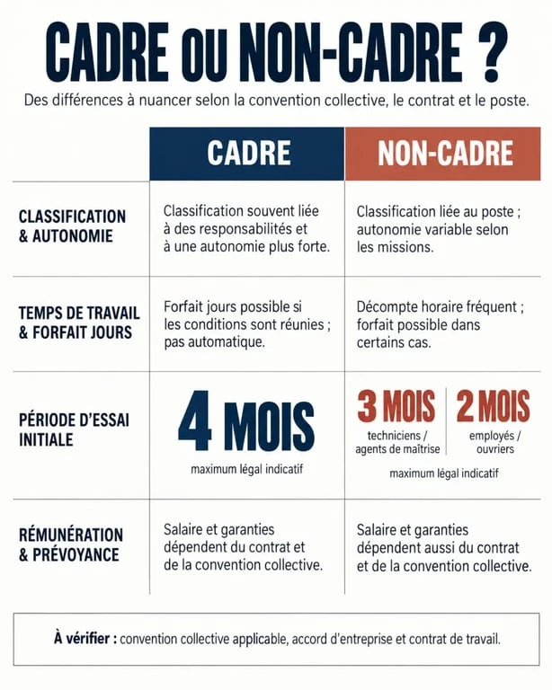 Infographie comparative cadre ou non-cadre sur la classification, le temps de travail et la période d’essai