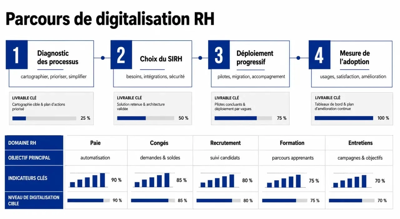 Schéma de digitalisation RH montrant les étapes de déploiement et les principaux processus concernés