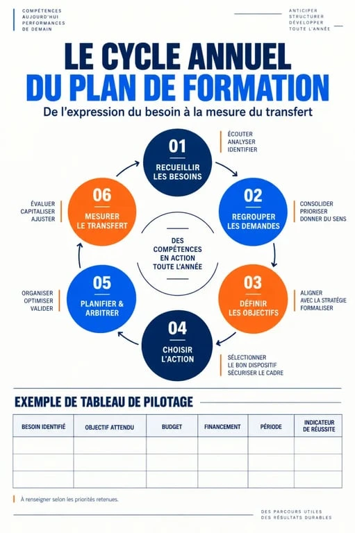 Plan de formation exemple présenté sous forme d'infographie avec étapes, budget et indicateurs