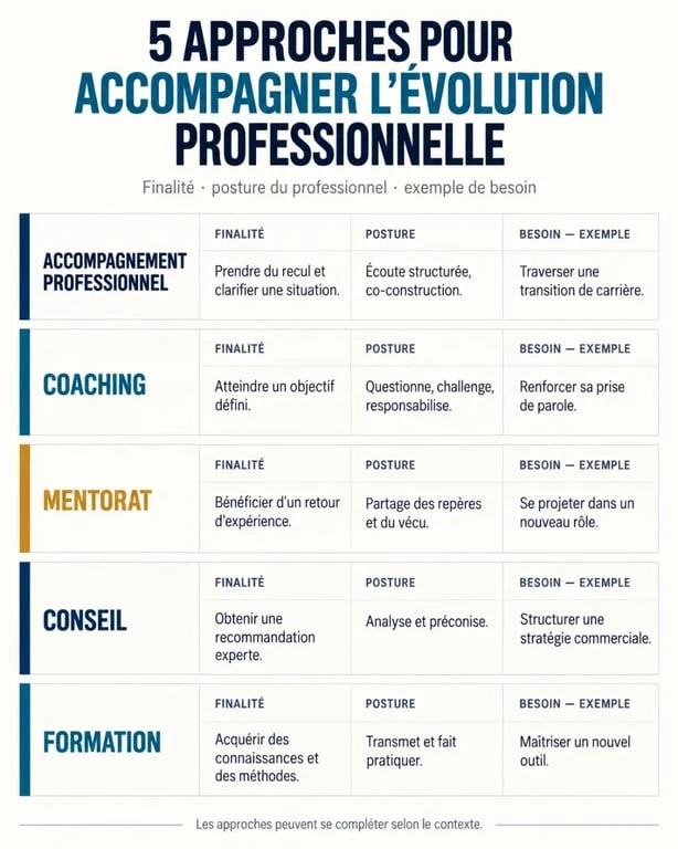 Infographie comparative des différentes formes d’accompagnement professionnel