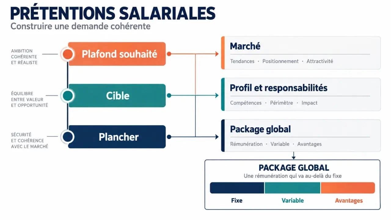 Pretention salariales : schéma du plancher, de la cible, du plafond et du package global