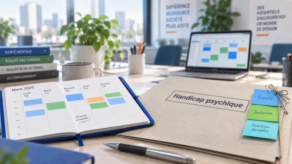 Handicap psychologique : agenda et dossier au bureau, autonomie au travail