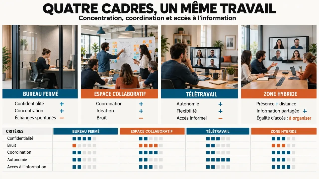 Configurations d'un environnement professionnel entre bureau fermé, espace collaboratif, télétravail et travail hybride