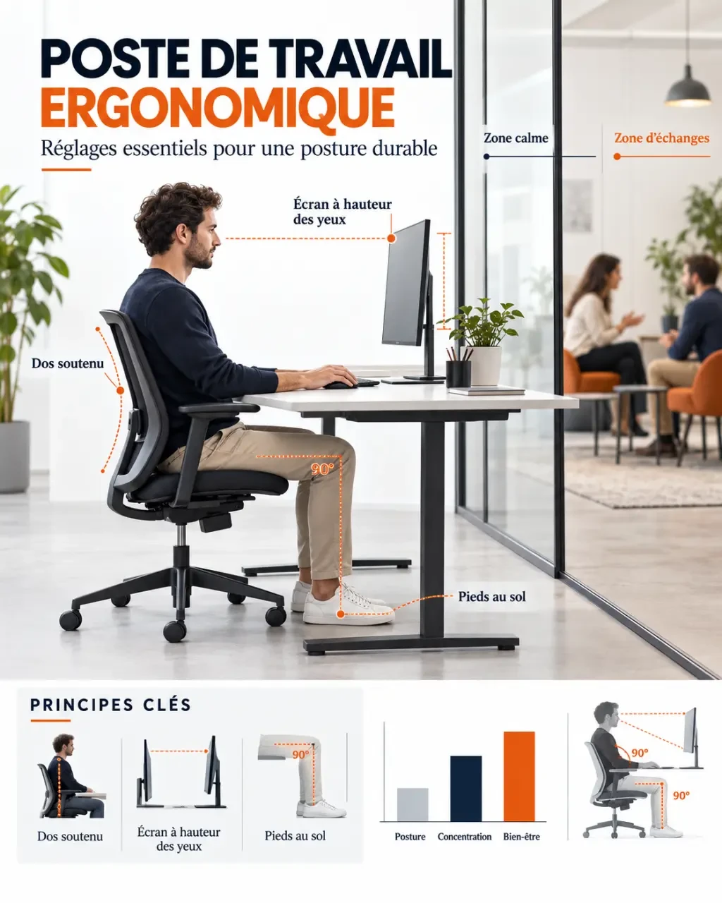 Poste ergonomique dans un environnement professionnel avec lumière, acoustique et mobilier adaptés