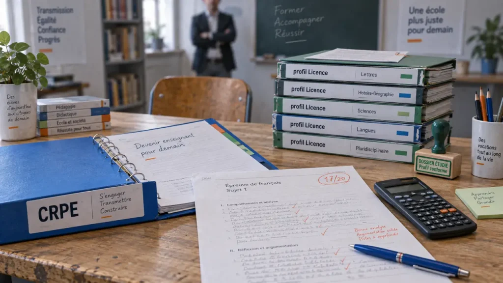 Instituteur reconversion : classeur CRPE ouvert et dossiers pour devenir professeur des écoles