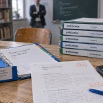 Instituteur reconversion : classeur CRPE ouvert et dossiers pour devenir professeur des écoles