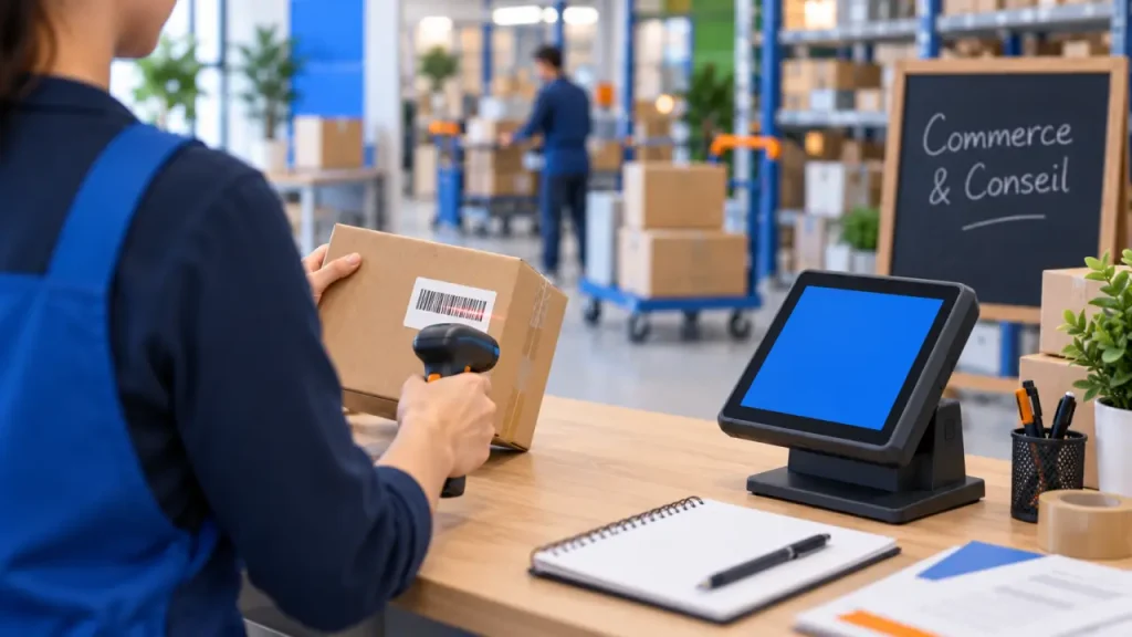 Métier dans le commerce : vendeur gère la caisse et les clients