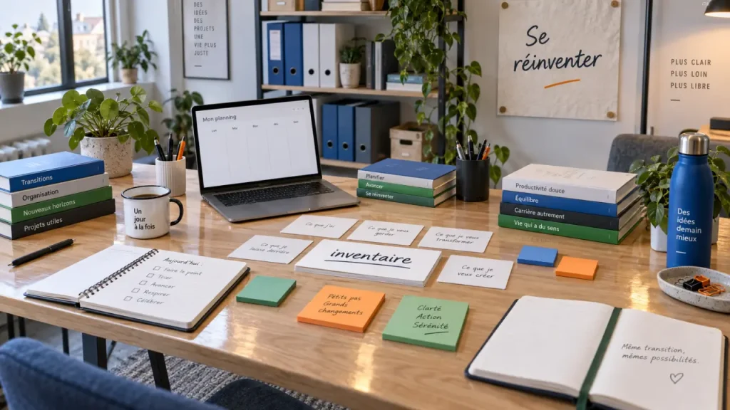 Se réinventer : bureau de transition avec inventaire et planning vierge